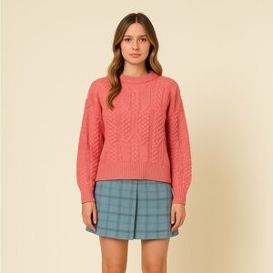FRNCH Julia Sweater Pink Cable Knit V-Neck Cutout Balloon Sleeve Top XS